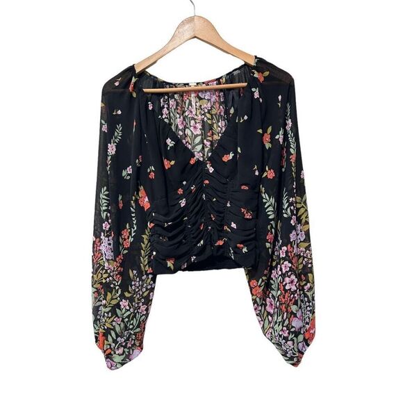 Free People Final Rose Floral Lined V Neck Balloon Sleeve Ruched Blouse Black XS - Picture 2 of 12
